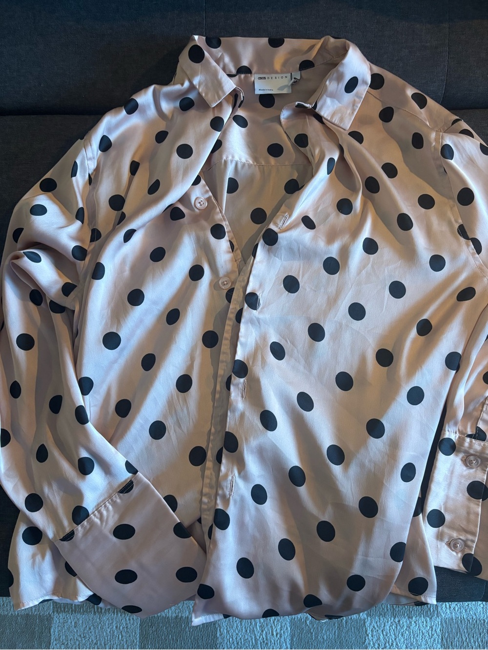 Polka Dot Button-Up Blouse in Pale Pink and Black